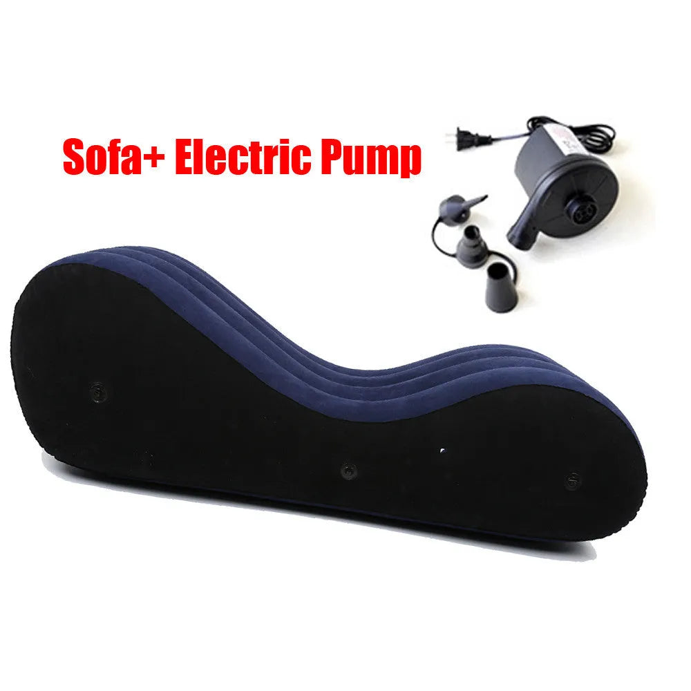 Blue inflatable sofa cushion bed chair made of PVC with flocked surface, shown inflated and ready for use