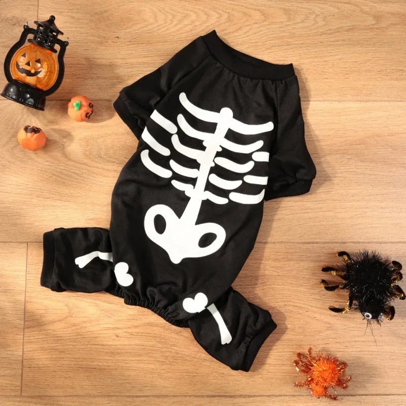 Halloween pet clothing with luminous skull bones design on four-legged dog costume