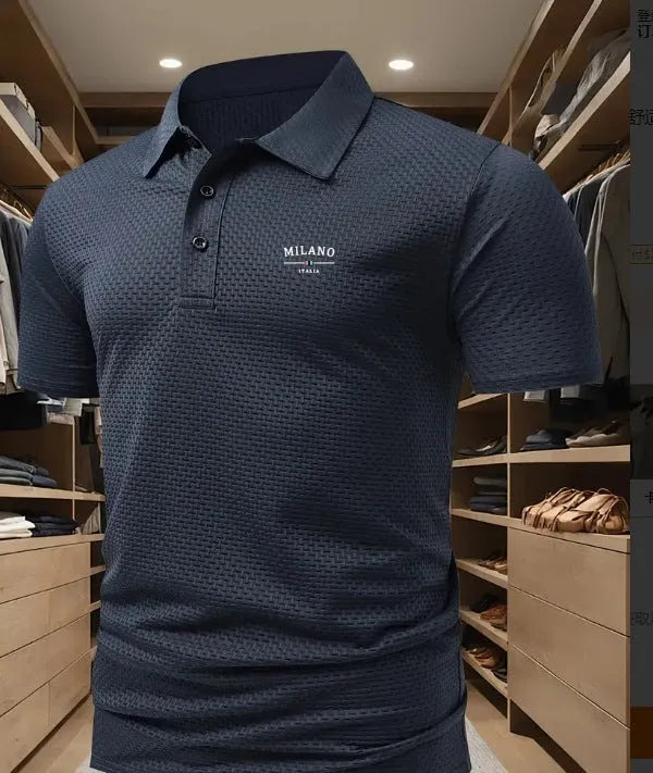 Men's loose fit lapel collar polo shirt in solid colour, short sleeves.