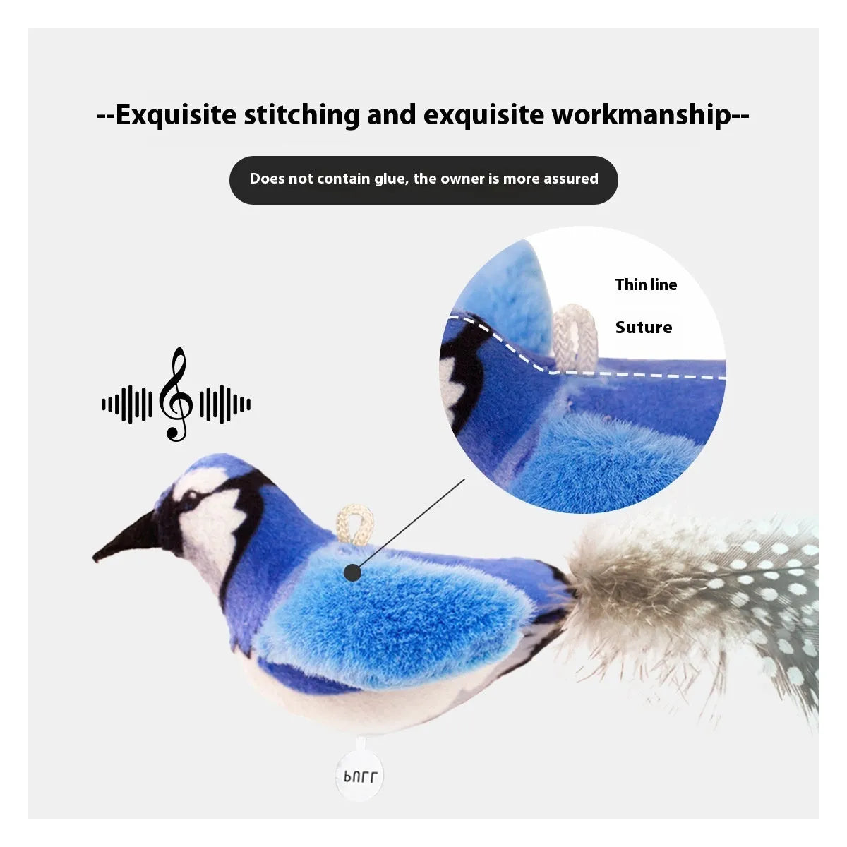 Bird simulation cat toy showing colourful plush bird designs including blue kingfisher and sparrow variants