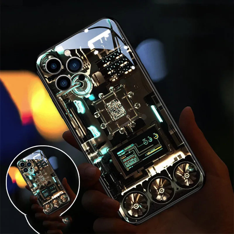 Xpress 14 clear tempered glass iPhone case with illuminated lightning diamond design on the back.