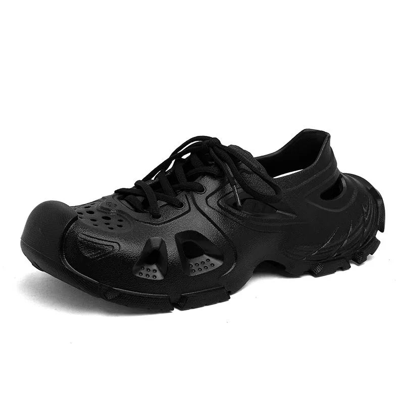 Men's black lace-up sports sandals with EVA upper and non-slip sole on a white background