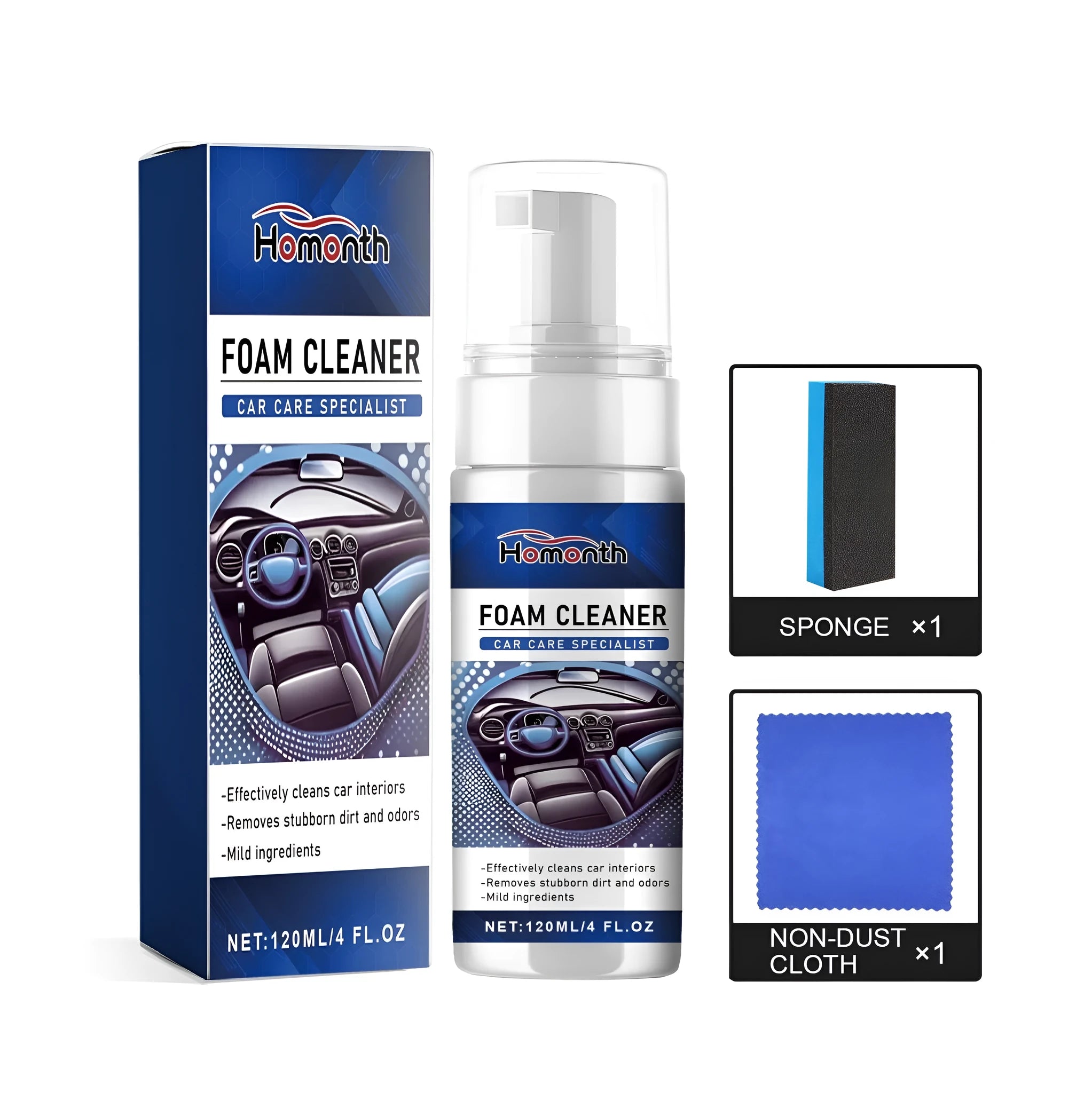 Fast car interior cleaner kit showing 120ml PET bottle, sponge, and microfibre cloth