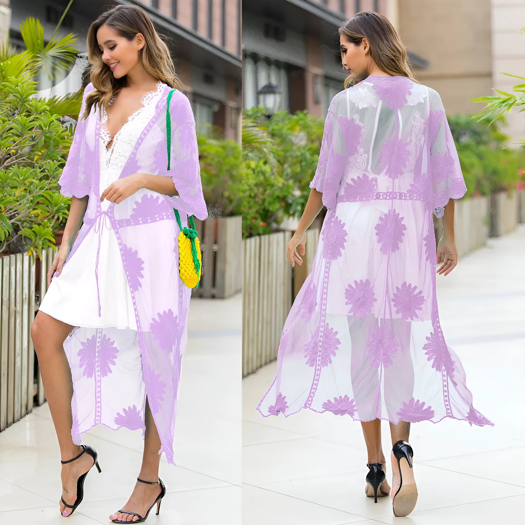 Light purple lace embroidery beach cover-up dress with cotton lining shown as swimwear outer layer