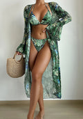 European American split bikini cover beach swimsuit set in green flower pattern with coat top and shorts