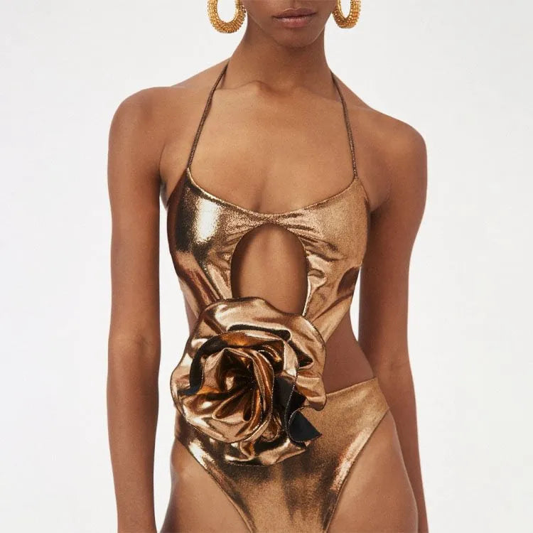 Gold handmade halter neck one-piece swimsuit with hollow-out design