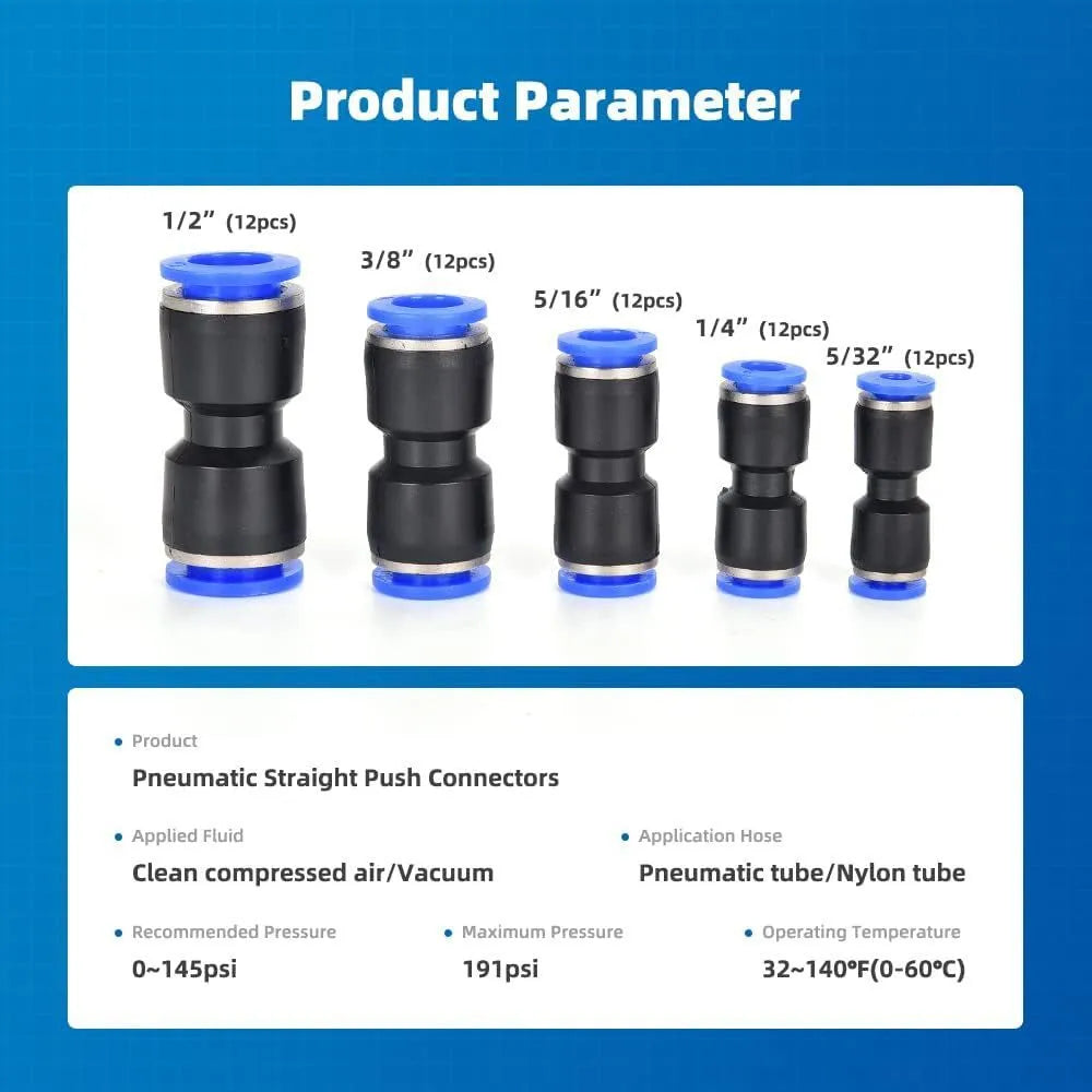 60-piece alloy plastic pneumatic push-in connector set with R1/4 and R1/2 threads.