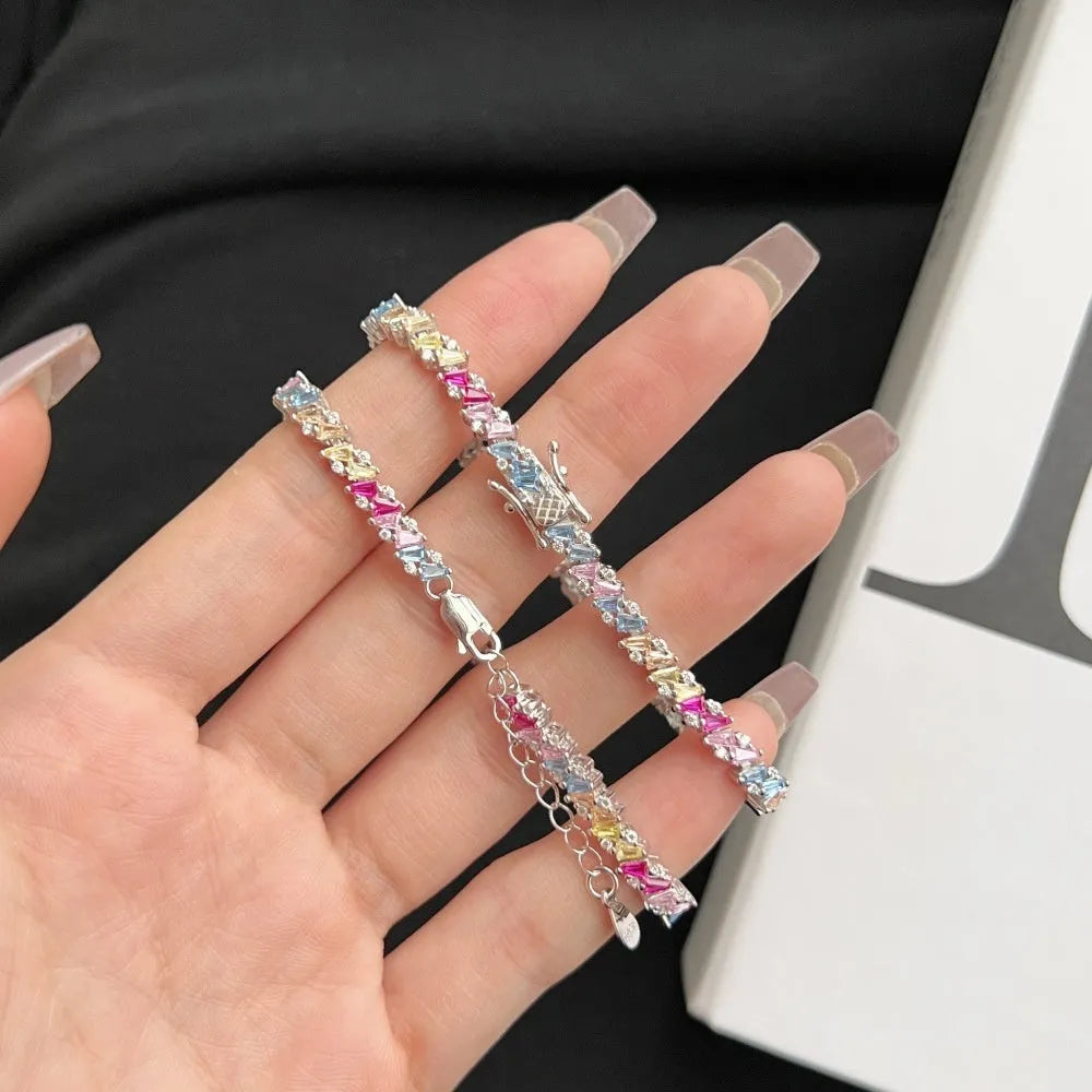 Silver zircon bracelet for women with geometric circle triangle hexagon octagon quadrangle shapes 16cm length