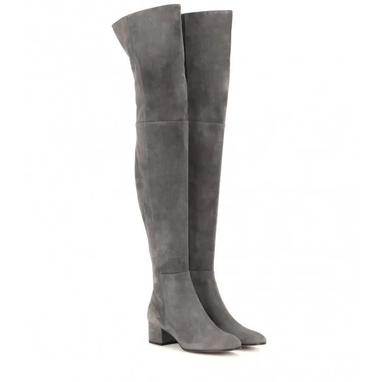 Women's grey suede flat over-the-knee boots with pointed toe and low thick heel