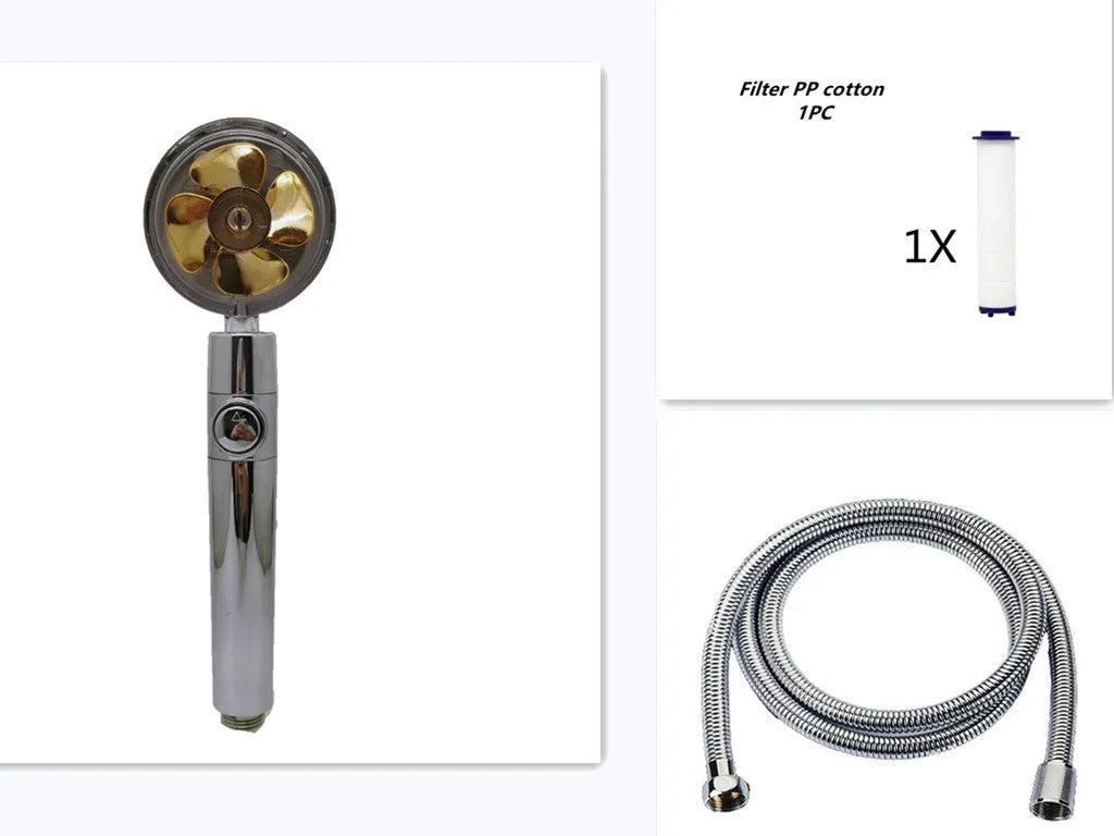 Blue handheld shower head with stop button and turbo nozzle on a chrome bracket.