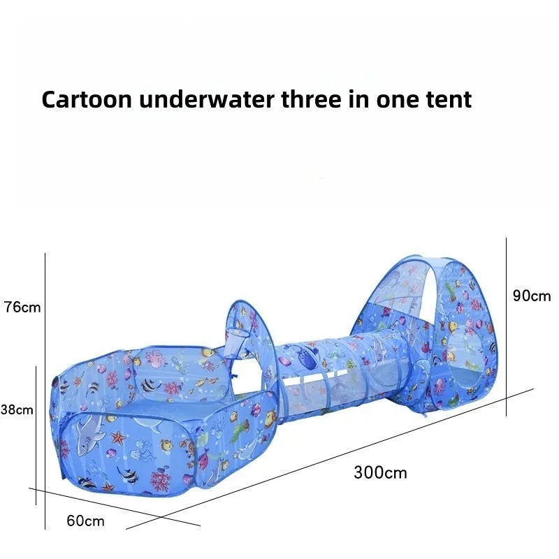 Three-in-one children's play tent set with inflatable ball pool and connecting tunnel in cartoon marine design