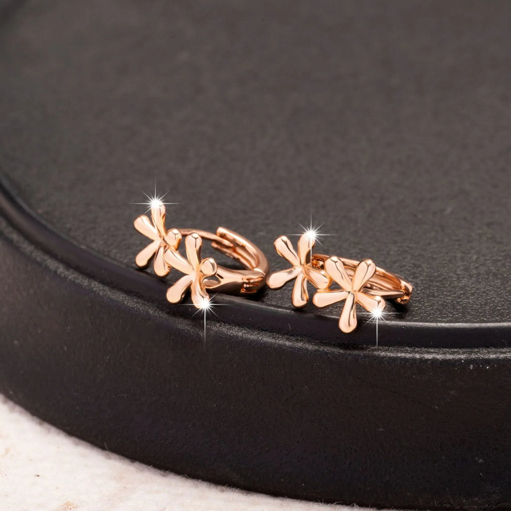 Rose gold electroplated waterdrop flower earrings with circular 20mm floral design on a white background.