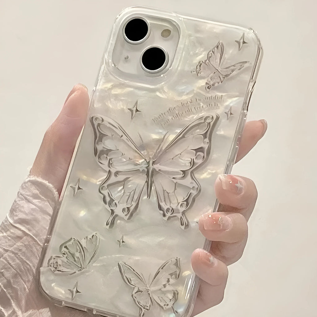 Transparent TPU phone case with butterfly English tape shell paper design and large hole cutout for Apple iPhone