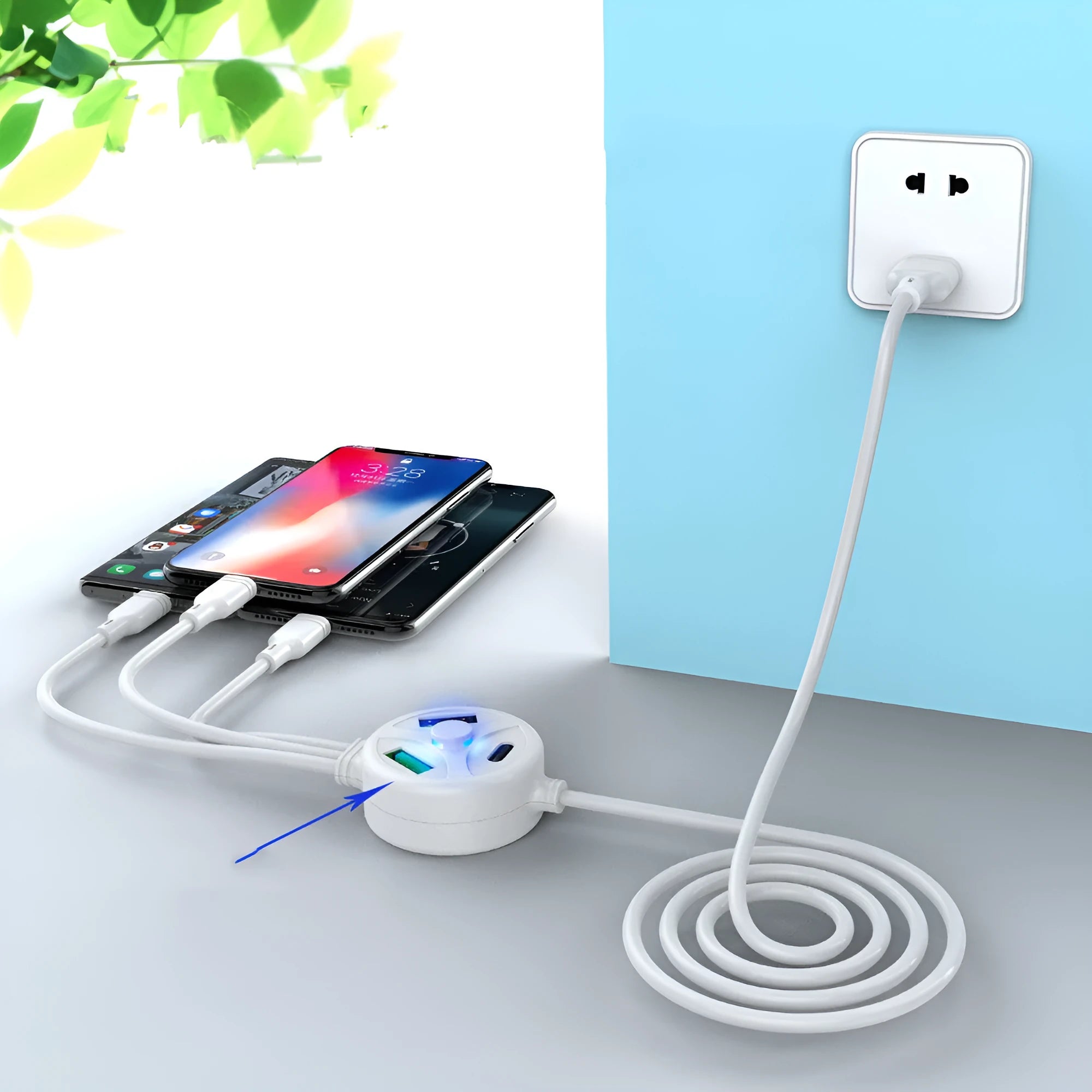 White PD fast charge cable with USB-A plug and three connectors: TYPE-C, Micro USB, and Mini USB.