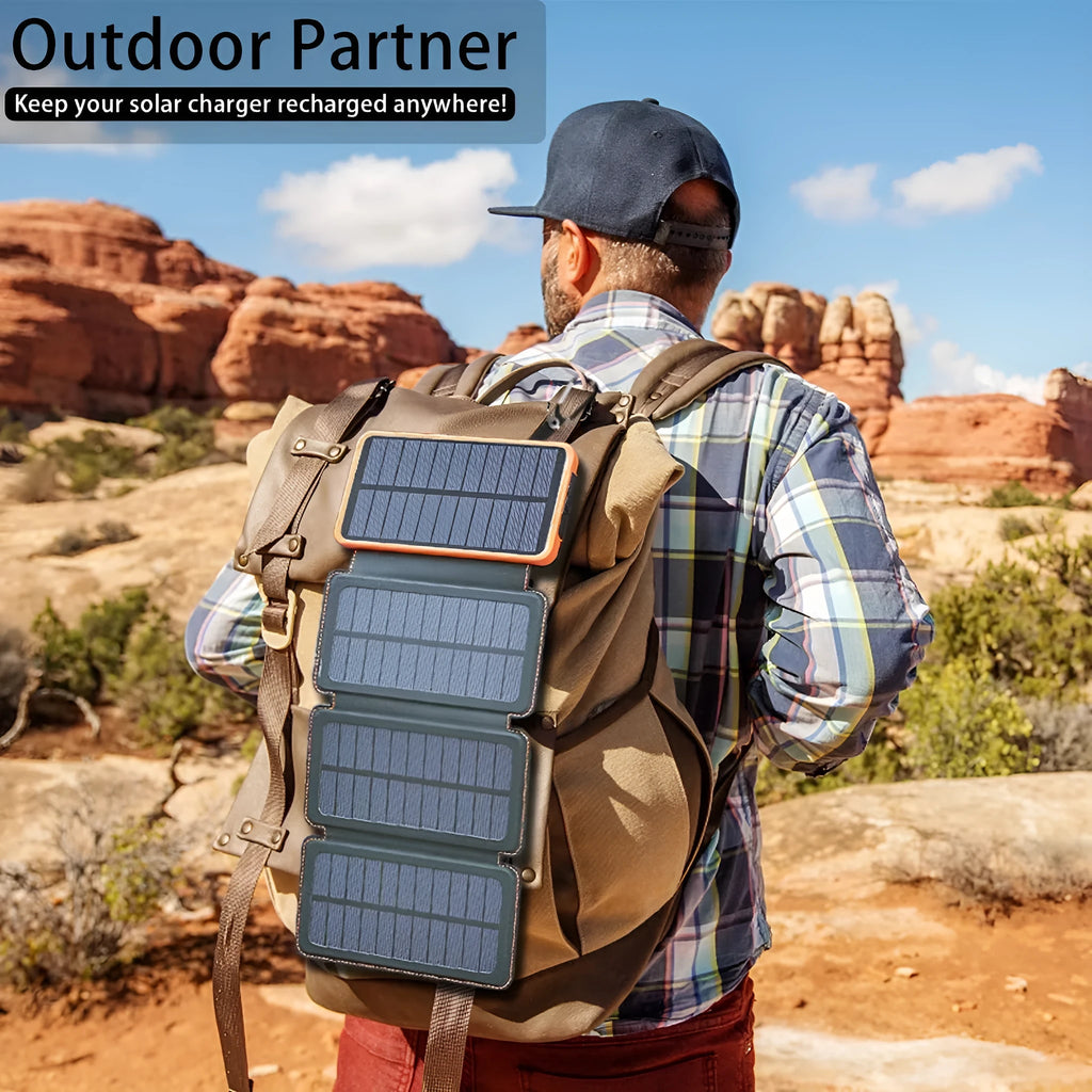 Black solar power bank with a solar panel, USB ports, an LED light, and a soft leather exterior.