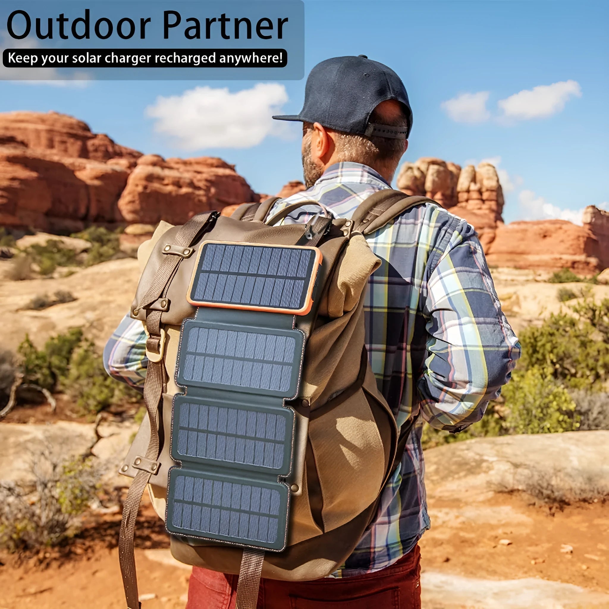 Black solar power bank with a solar panel, USB ports, an LED light, and a soft leather exterior.