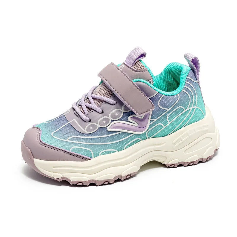 Children's black and purple striped casual dad shoes with mesh uppers and rubber soles