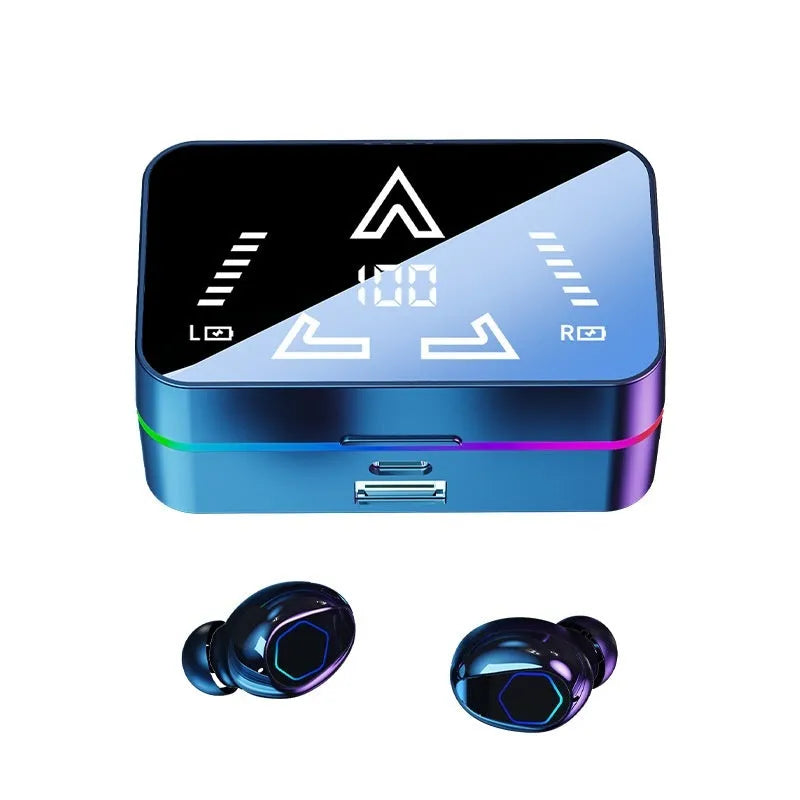 M49PRO Bluetooth headset in black with mirror digital display and in-ear sports style