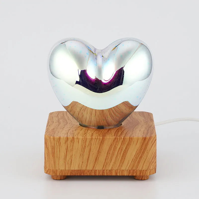3D love glass small night lamp silver with USB cable on bedside table