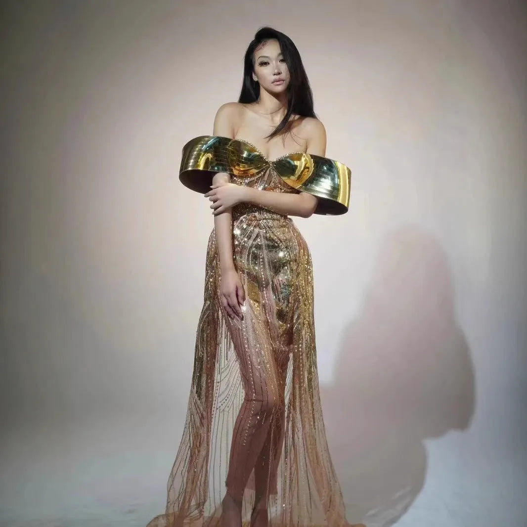 Gold strapless sequined evening dress with tulle skirt and side split detail for women's formal wear