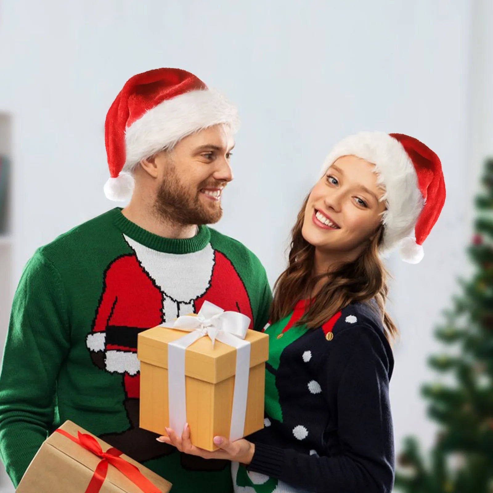 Red and white plush LED Santa hat with 20 colour-changing lights illuminated in festive display