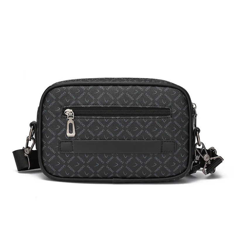 Men's black PU leather messenger bag with geometric pattern lining and shoulder strap