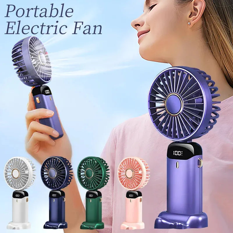 Blue portable handheld fan showing foldable design with digital battery display and removable grill