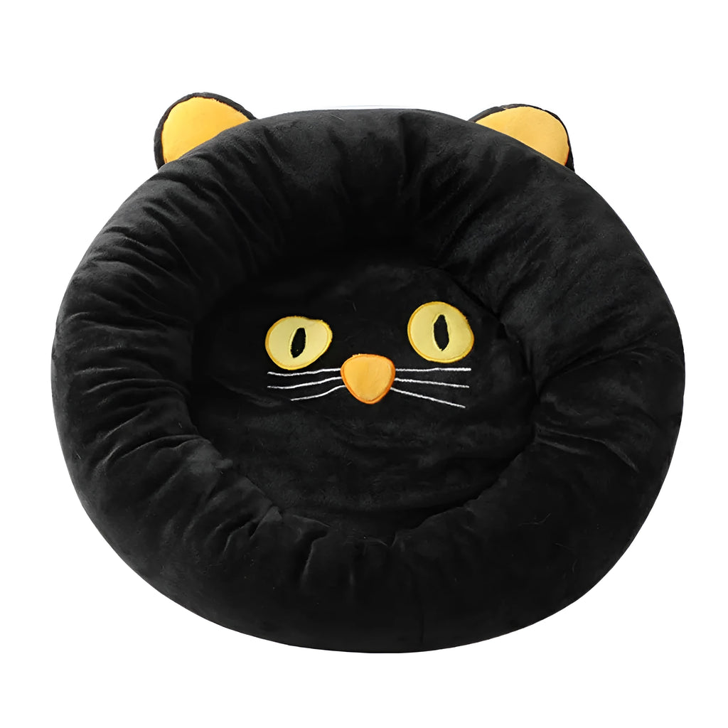 Black cat-shaped velvet pet nest bed with raised edges in two size options