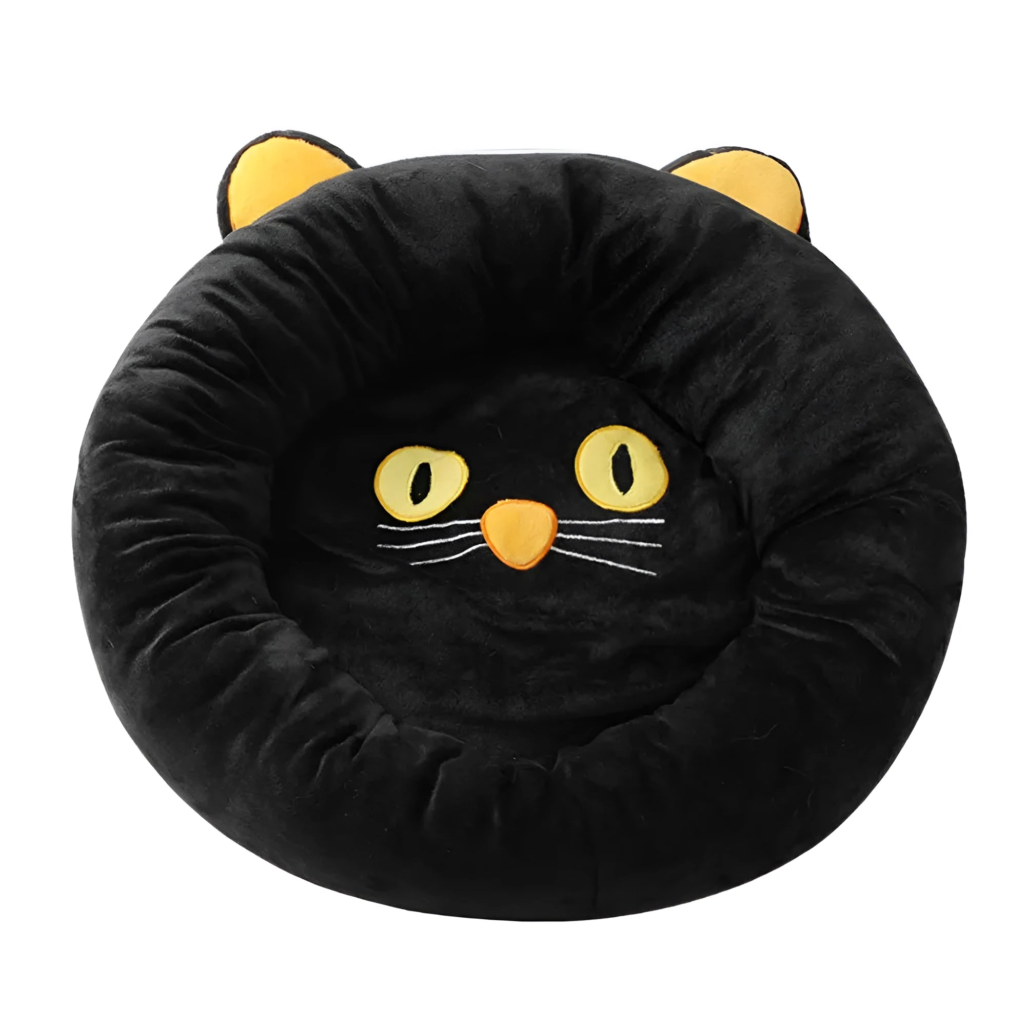 Black cat-shaped velvet pet nest bed with raised edges in two size options