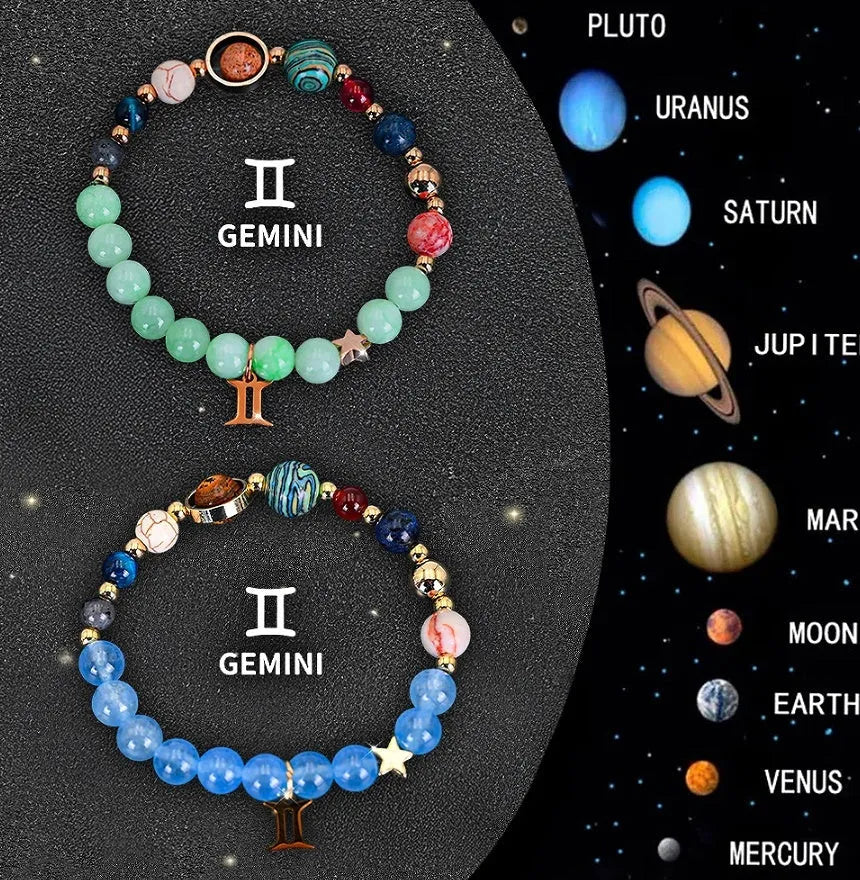 Set of twelve natural stone beaded bracelets for each zodiac sign on a flat surface.