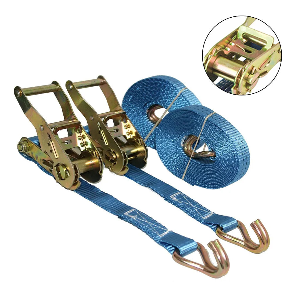 Steel ratchet tensioner with double hook on a 25mm wide polyester fastening strap for cargo and furniture