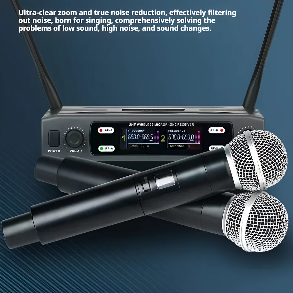 Home karaoke VHF one-to-two wireless microphone system in black with regulator and two microphones