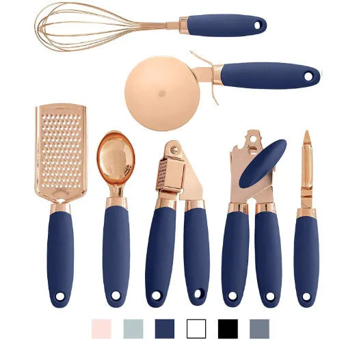 Stainless steel kitchen gadget 7-piece set with various bottle openers and a can opener in a box.