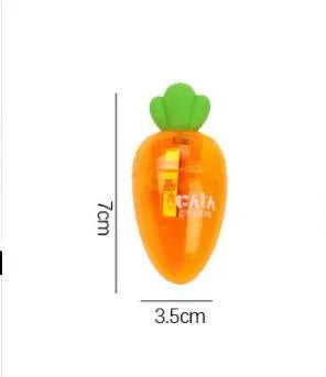 Orange carrot-shaped plastic pencil sharpener on a white background.