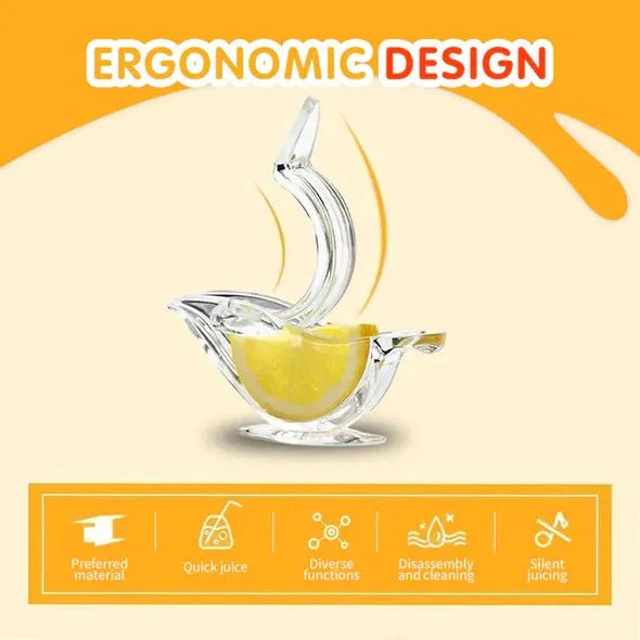 Transparent acrylic bird-shaped manual juicer for lemon slices on a kitchen counter.