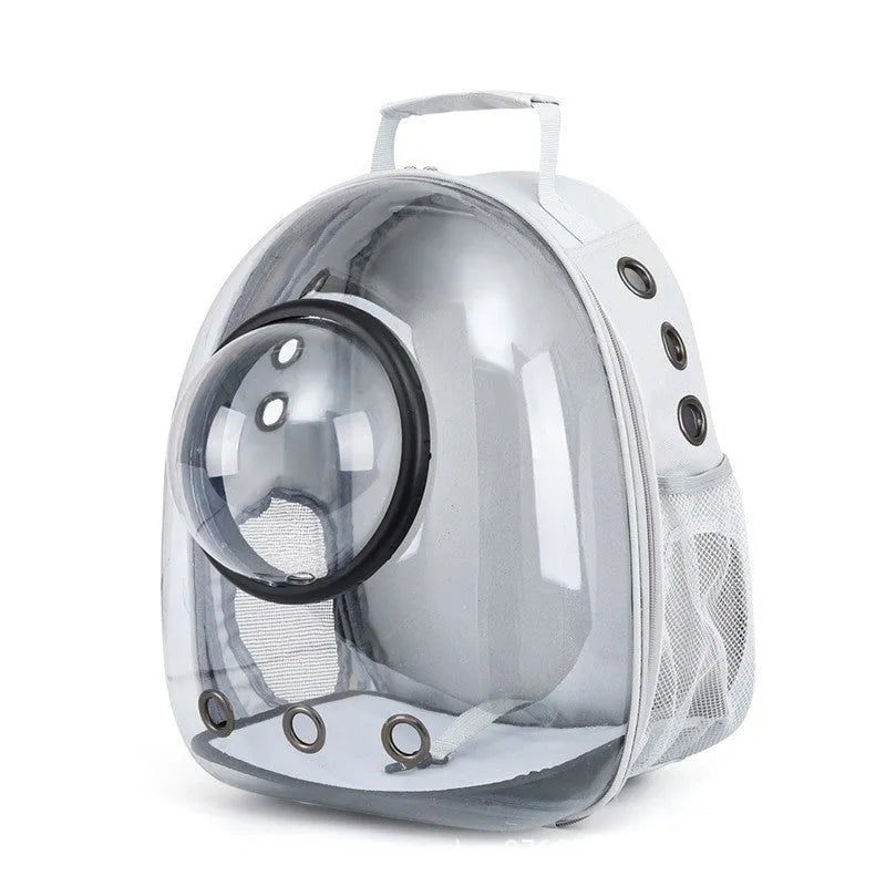 Astronaut-shaped grey cat carrier bag with side opening and medium capacity.