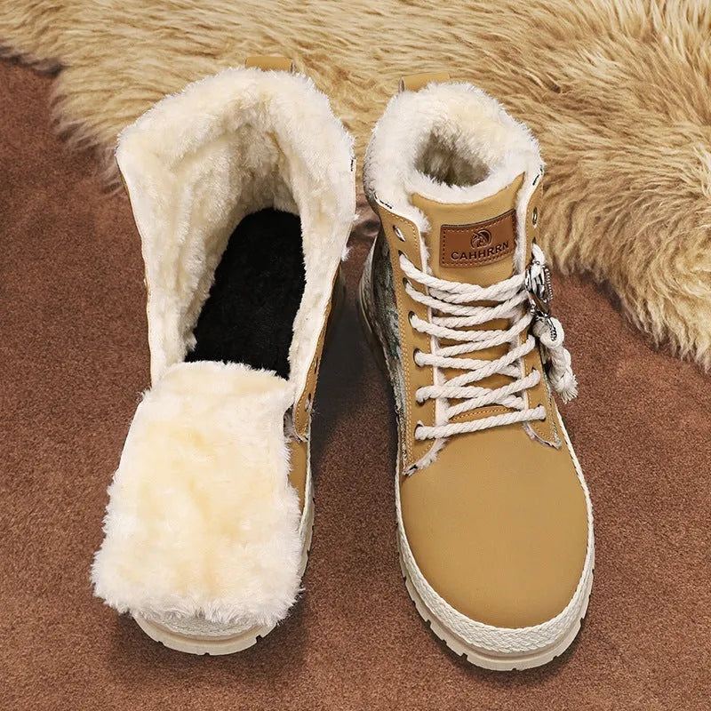 Men's high-top print boots in beige with lace-up front, chunky heel, stitching details, and leather and fabric upper