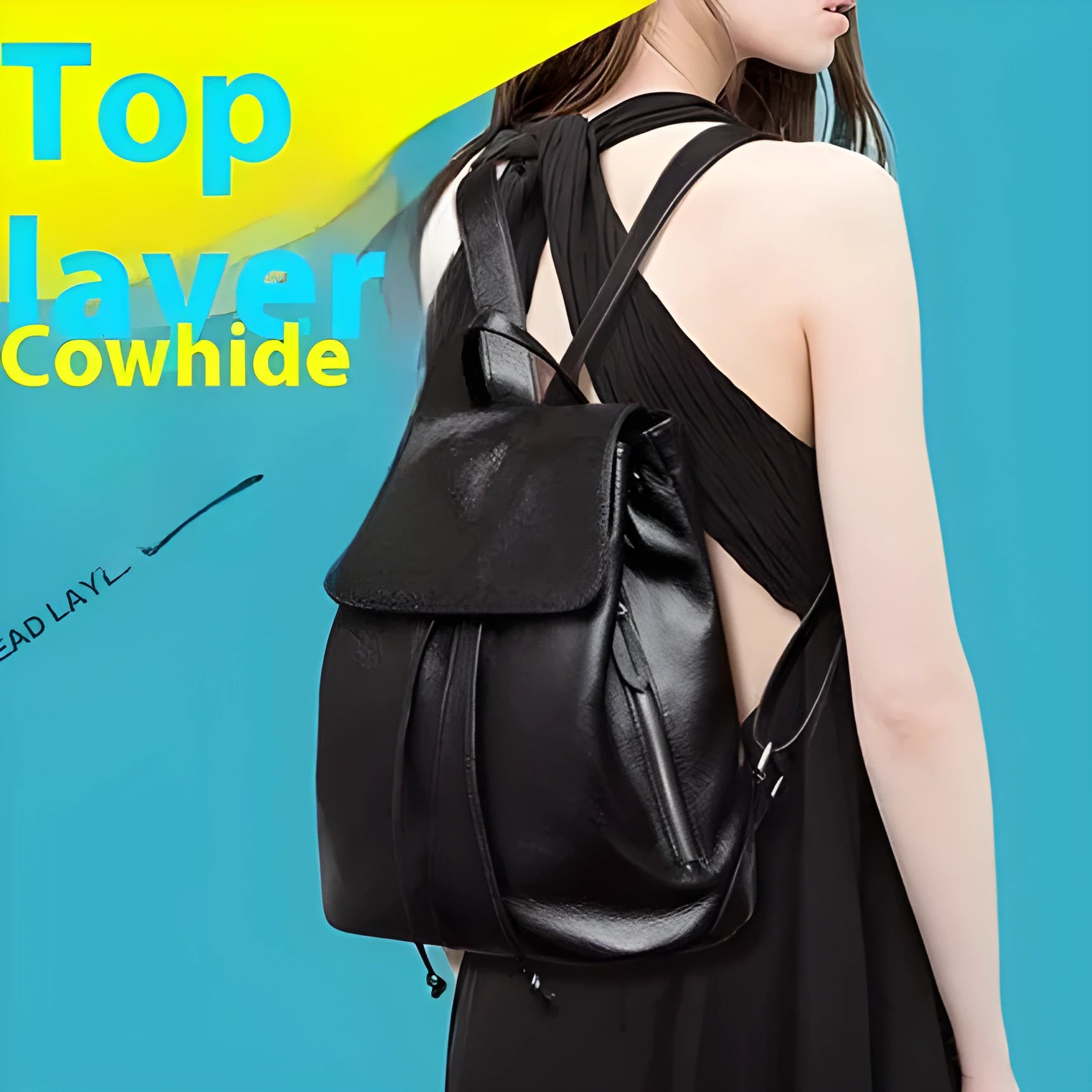 Soft black genuine leather women's backpack in Korean street trend style, showing multiple internal compartments.