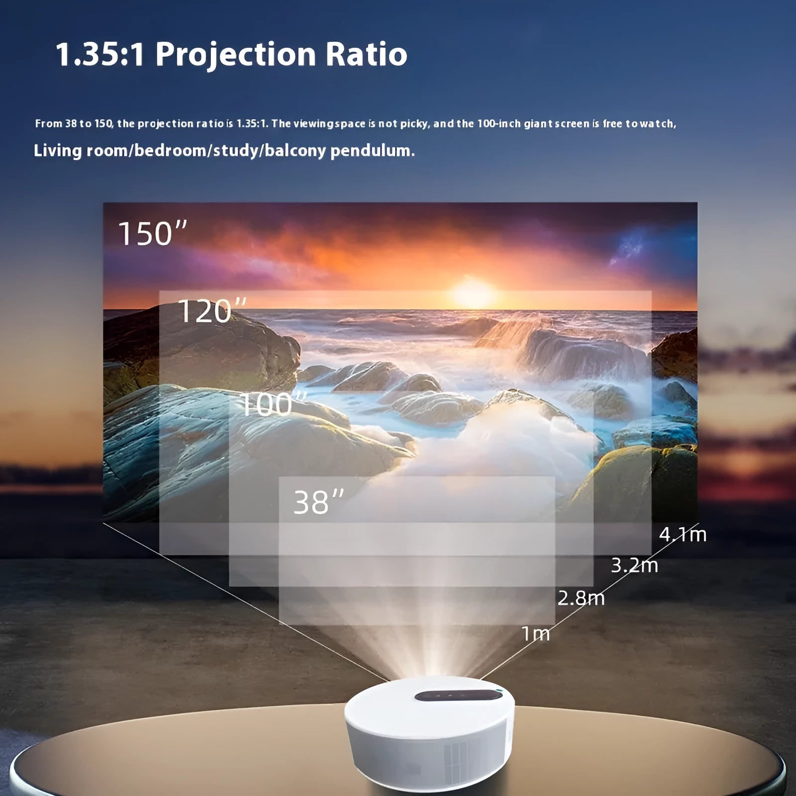 White 720p HD home theatre projector with remote control on wooden surface