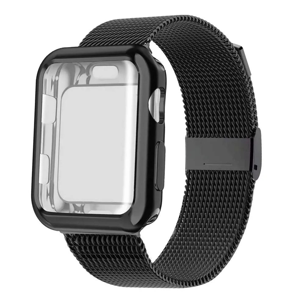 Magnetic Milanese loop metal strap for Apple Watch in silver, shown attached to a watch.