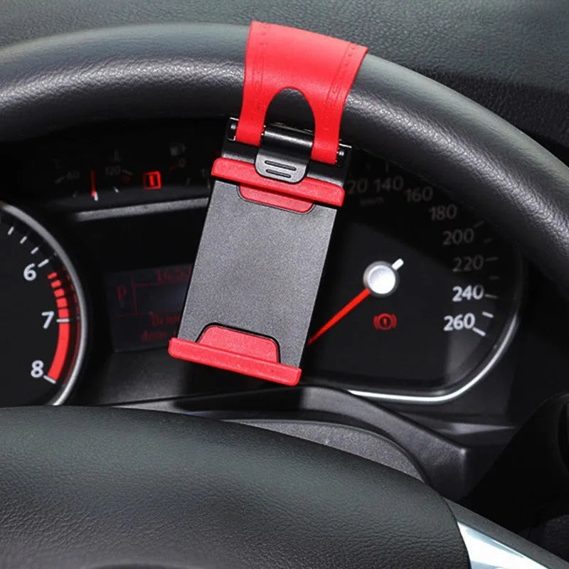 Universal car steering wheel clip mount holder for mobile phones in black and red