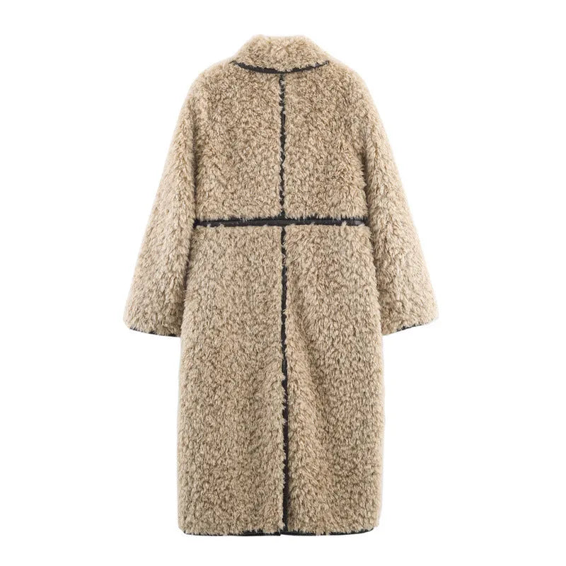 Women's fleece long overcoat in khaki with spandex blend, front view, sizes XS to L