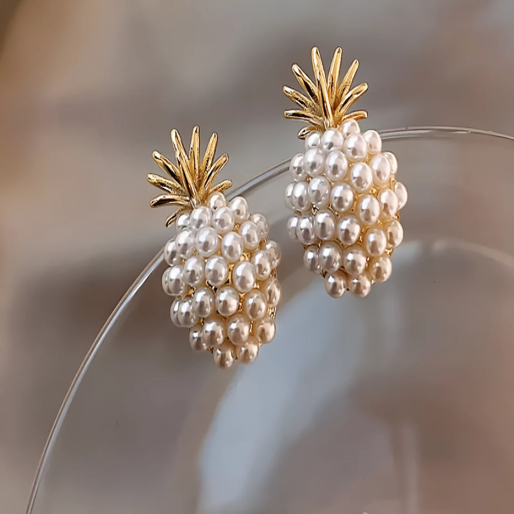 Korean style pineapple starfish pearl drop earrings in electroplated alloy with artificial gem inlay