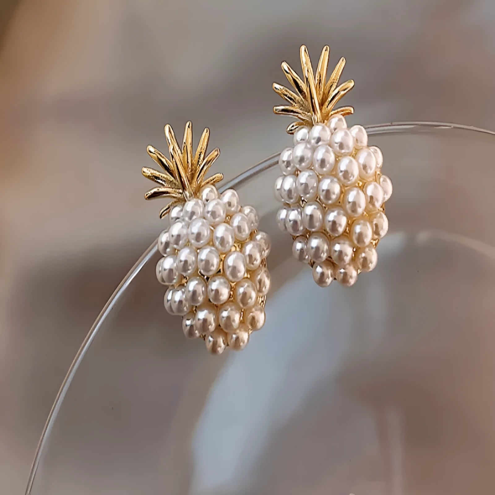 Korean style pineapple starfish pearl drop earrings in electroplated alloy with artificial gem inlay