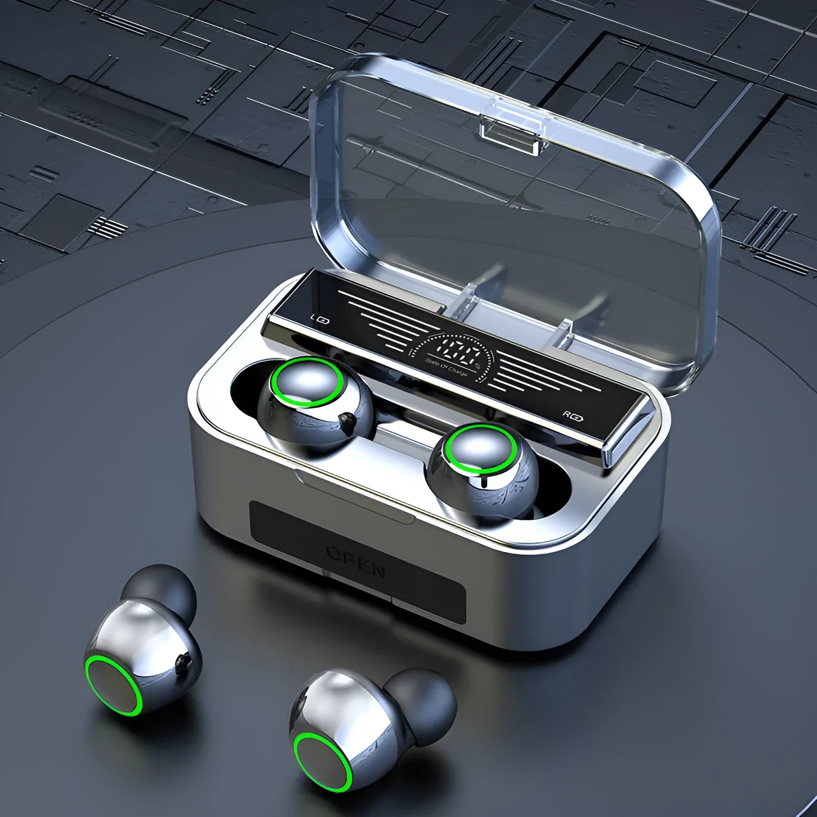 Wireless black Bluetooth sports earbuds with touch controls shown in a charging case.