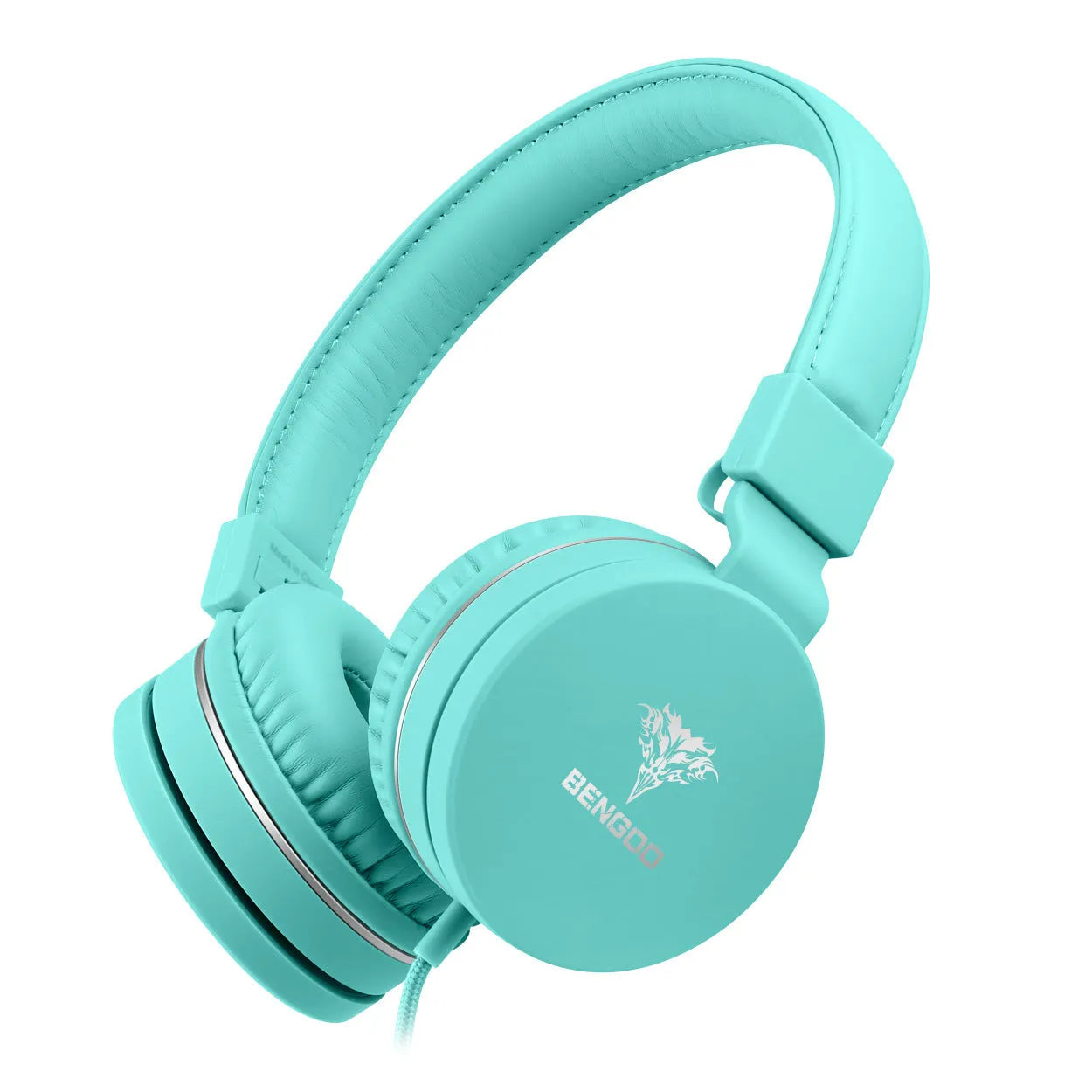 BENGOO C30 over-ear wired headphones with microphone in mint green, showing braided cable and 3.5mm plug.