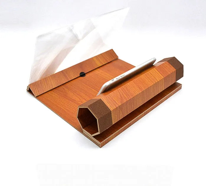 Wood grain phone amplifier stand on a table holding a mobile phone.