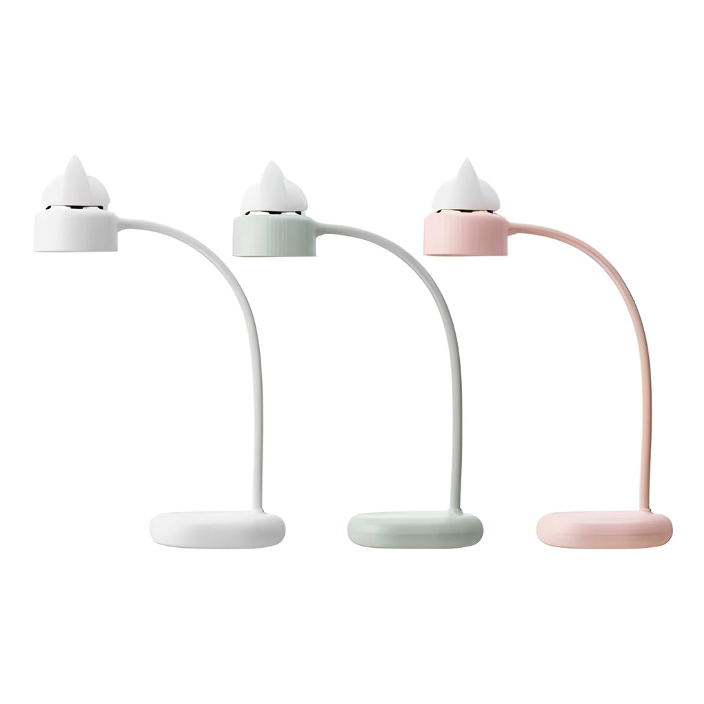 White modern LED desk lamp with clip-on base and touch control, shown on a desk.