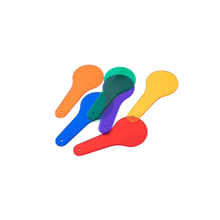 Six colourful PVC learning boards for children, showing red, yellow, blue, green, orange, and purple.