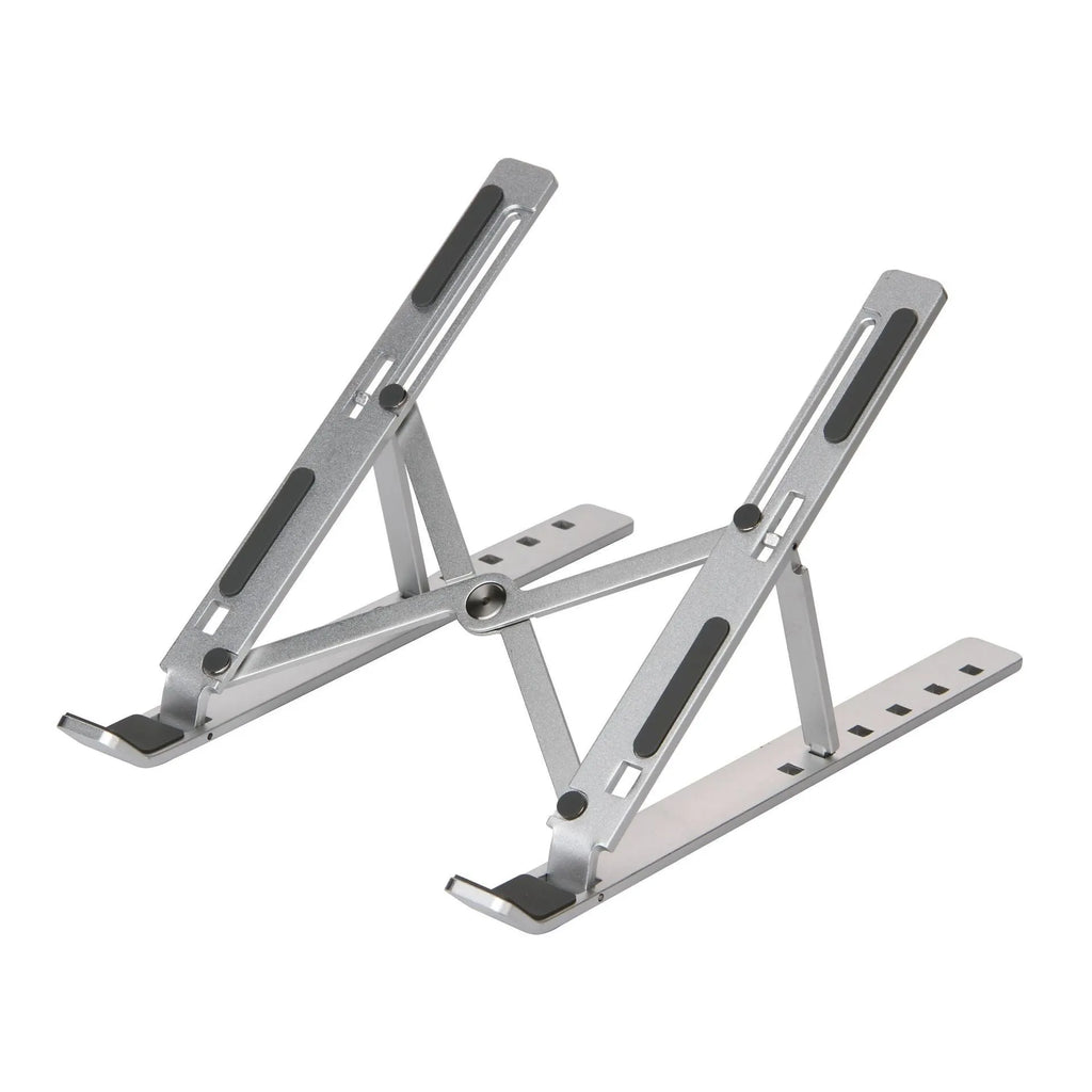 Silver aluminium alloy cooling folding computer stand for laptops under 16 inches on a desk